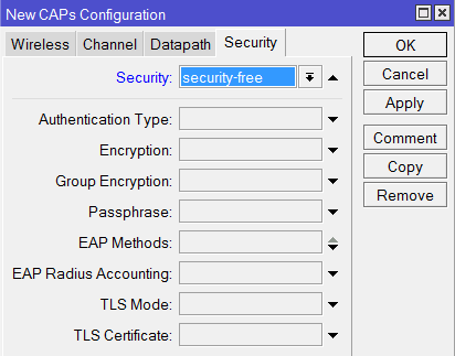 Выбор открытого профиля безопасности для гостевой сети в MikroTik CapsMan